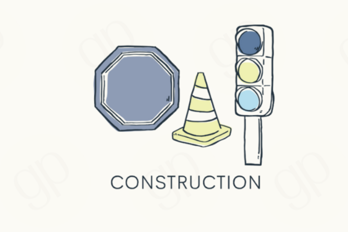 Illustration of a stop sign, traffic cone, and traffic light with 'CONSTRUCTION' text on a white background.
