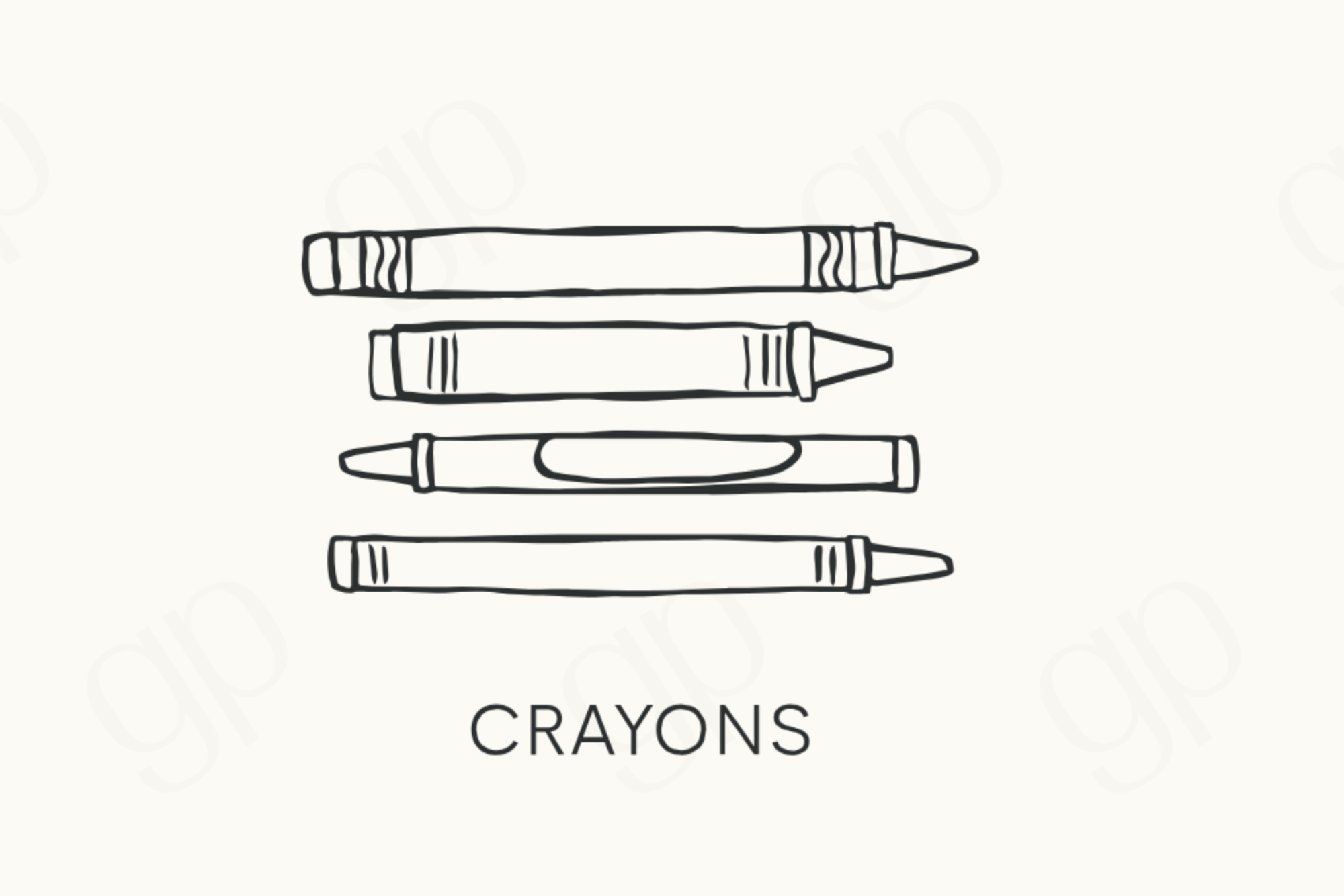 Line drawing of four crayons stacked on a white background with 'CRAYONS' text below.