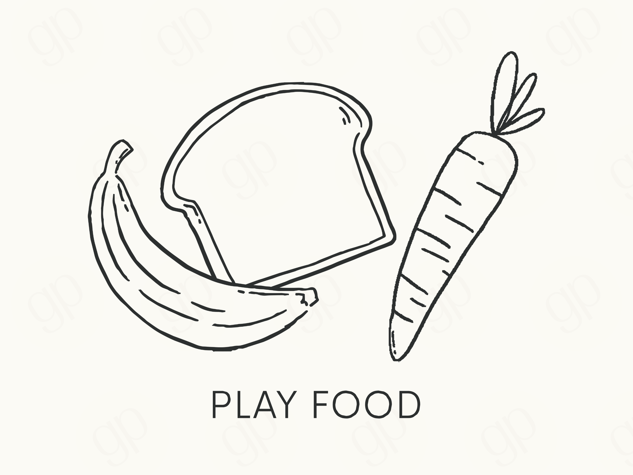 Black and white illustration of bread, bananas, and a carrot with 'PLAY FOOD' text on a white background.